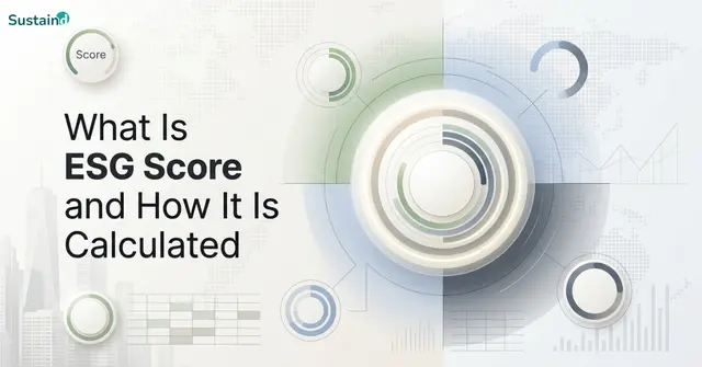Abstract ESG score dashboard with circular metrics and sustainability data.